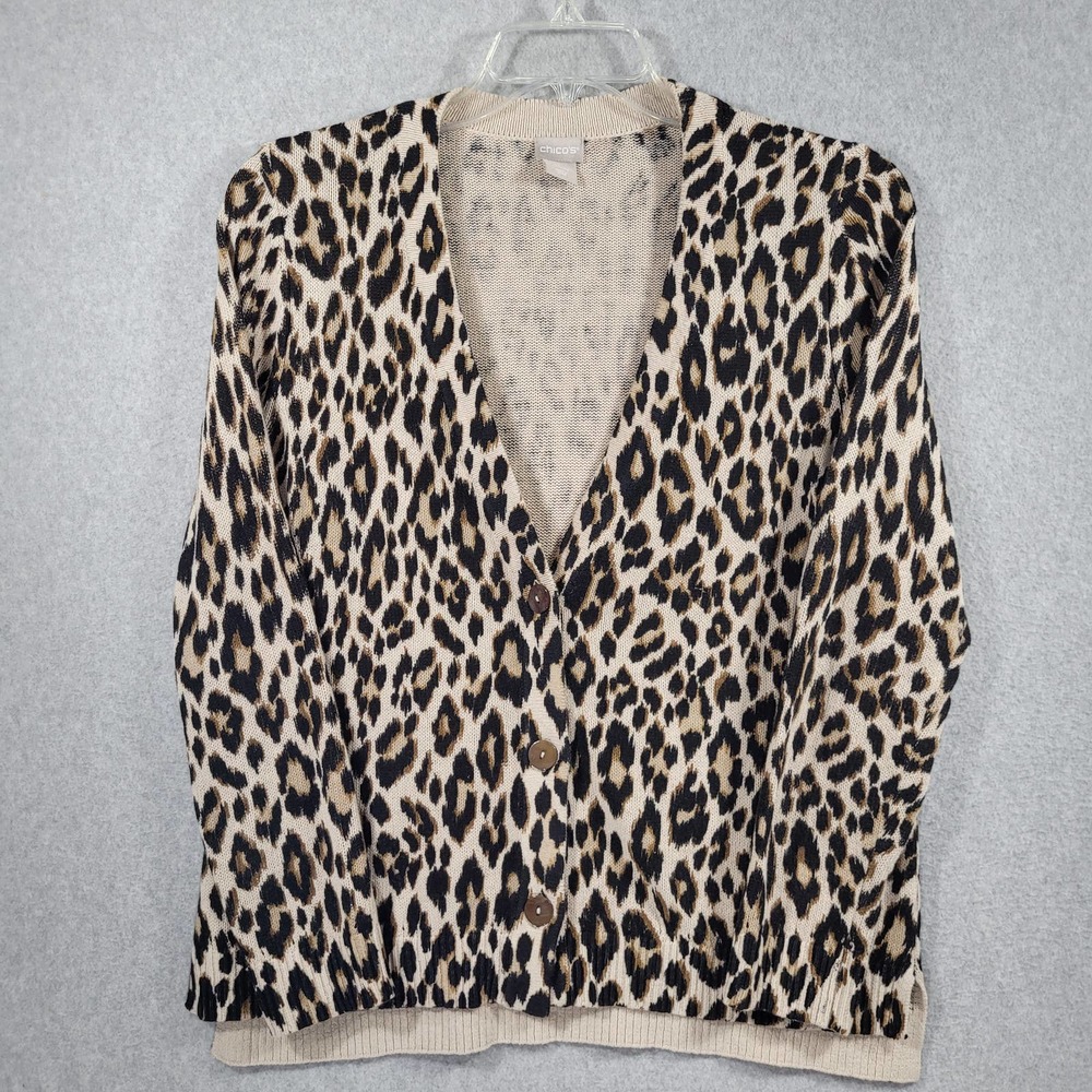 Chico's Cardigan 1 Medium Animal Print Knit Linen Cotton Blend Browns Black